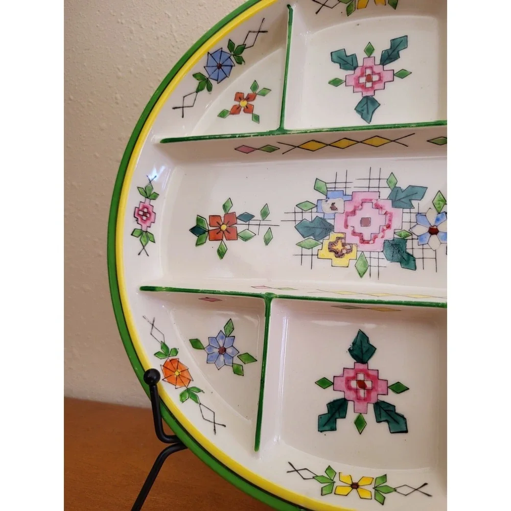 Vintage Divided Ceramic Candy Dish Plate Handpainted Japan RARE Floral Design‎